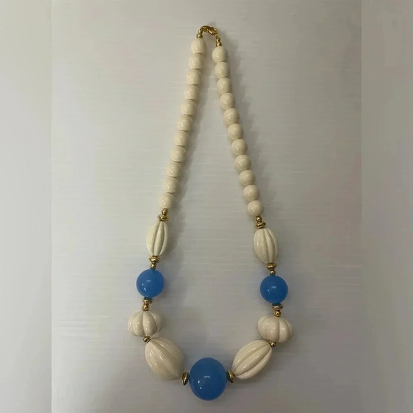 3 FOR $15 Trifari Statement Necklace Blue Cream Chunky Beaded - Picture 1 of 4